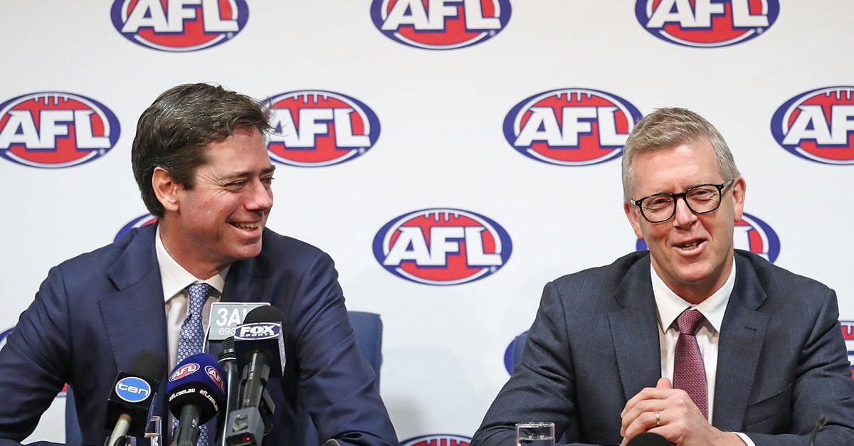 WebAFLX.jpg AFL Chief Executive Gillon McLachlan and AFL General Manager Football Operations Steven Hocking address the media. - Brisbane Lions